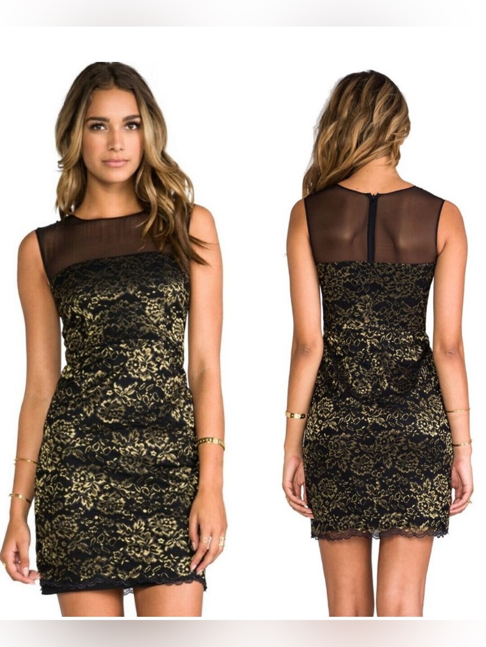 Diane Von Furstenberg Black Midi Dress with Gold Floral Lace